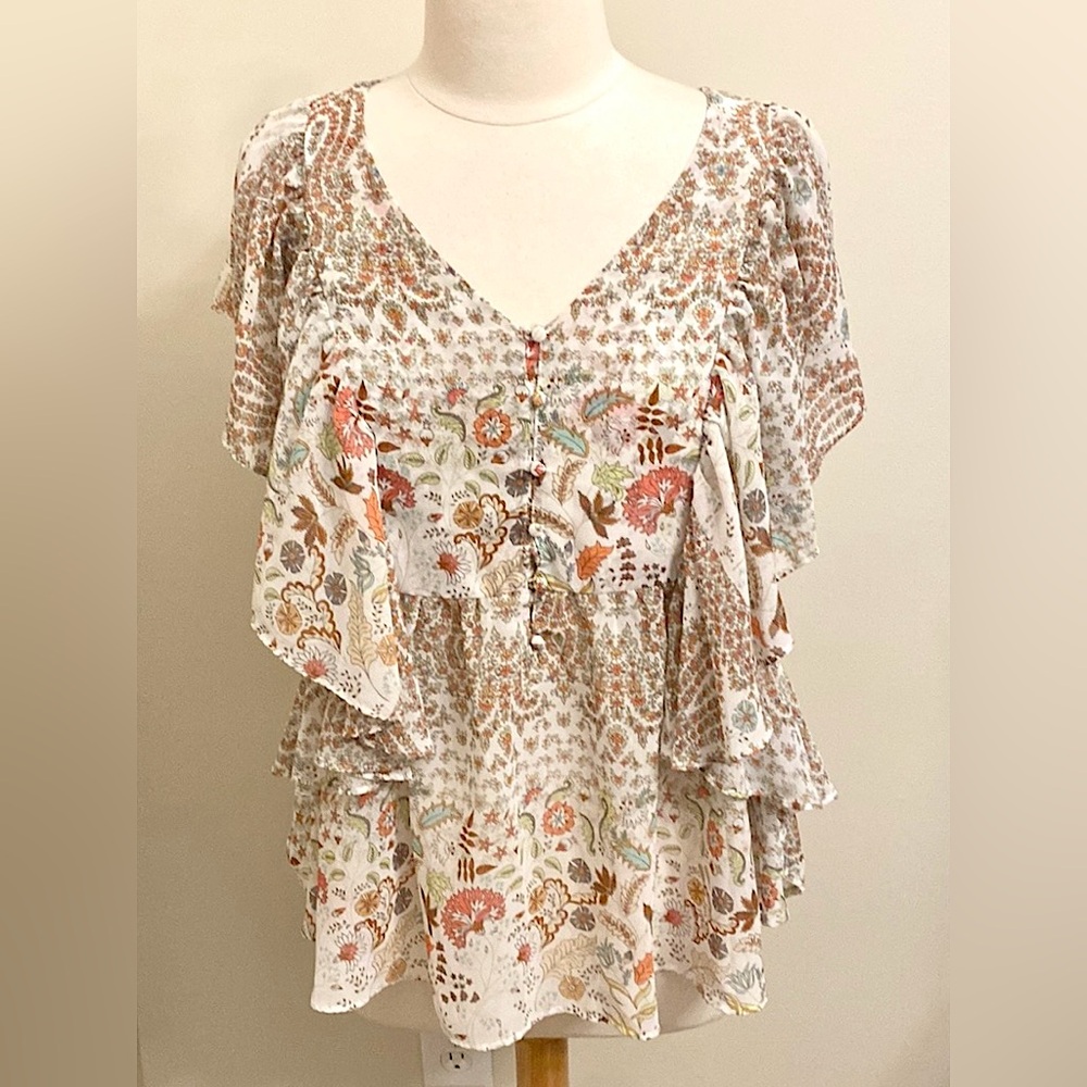Matilda Jane White Orange Ditsy Floral Ruffled Short Sleeve Tiered Boho Top SZ M